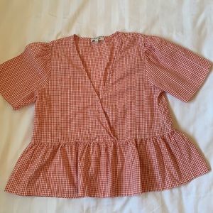 Madewell peplum orange/white mini check cotton boxy wrap front top EUC